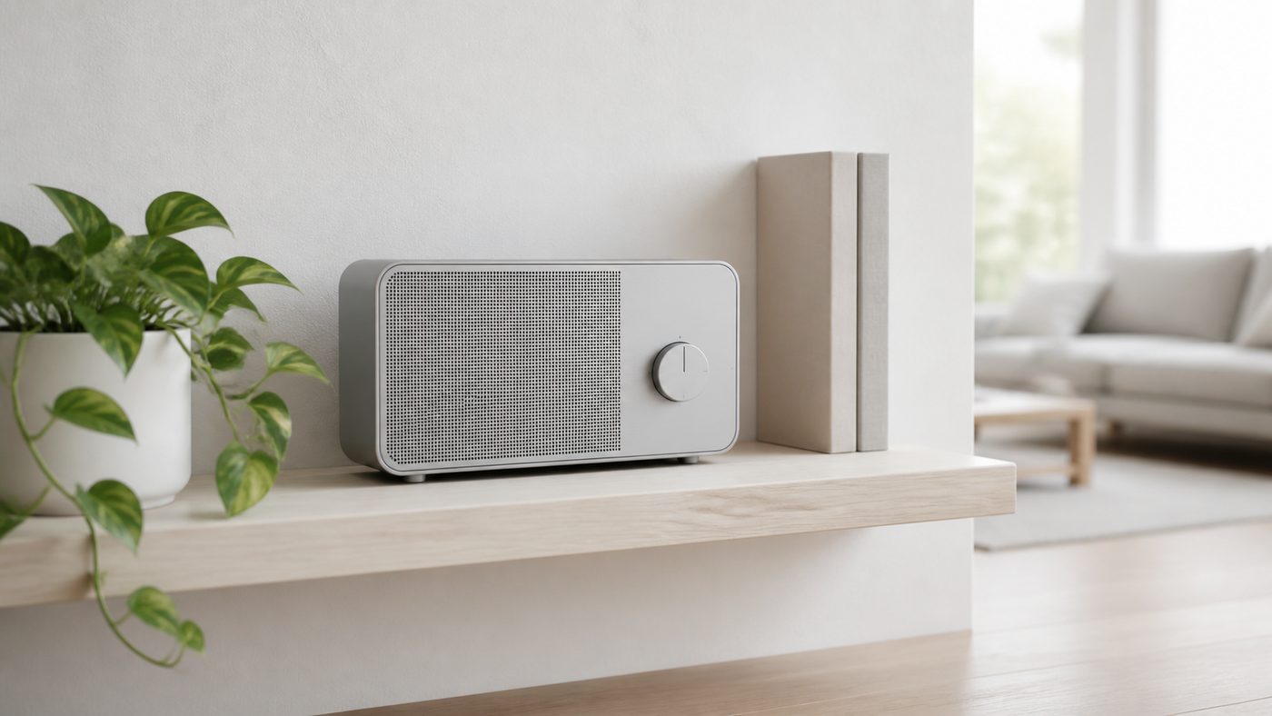 Radio with a bead-blasted matte stainless steel casing on a pale ash shelf in a bright minimalist living room
